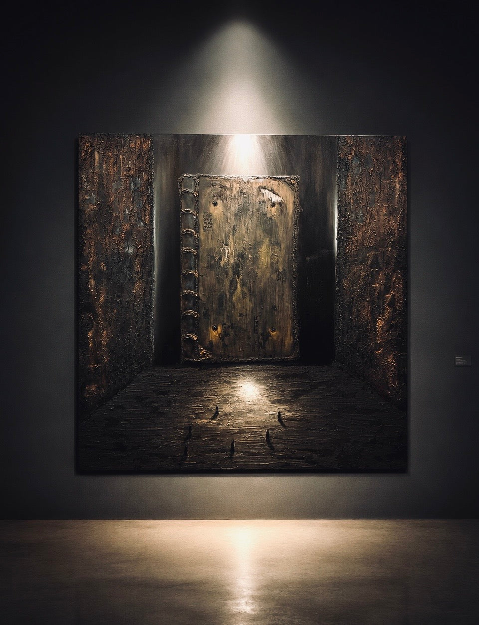 Between the Lines by Cristina Gabriela, an original 150 × 150 cm oil and textured painting depicting a monumental ancient book before small human figures, surrounded by architectural walls engraved with symbolic codex markings.