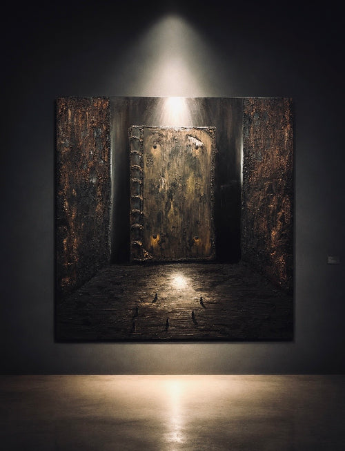 Between the Lines by Cristina Gabriela, an original 150 × 150 cm oil and textured painting depicting a monumental ancient book before small human figures, surrounded by architectural walls engraved with symbolic codex markings.