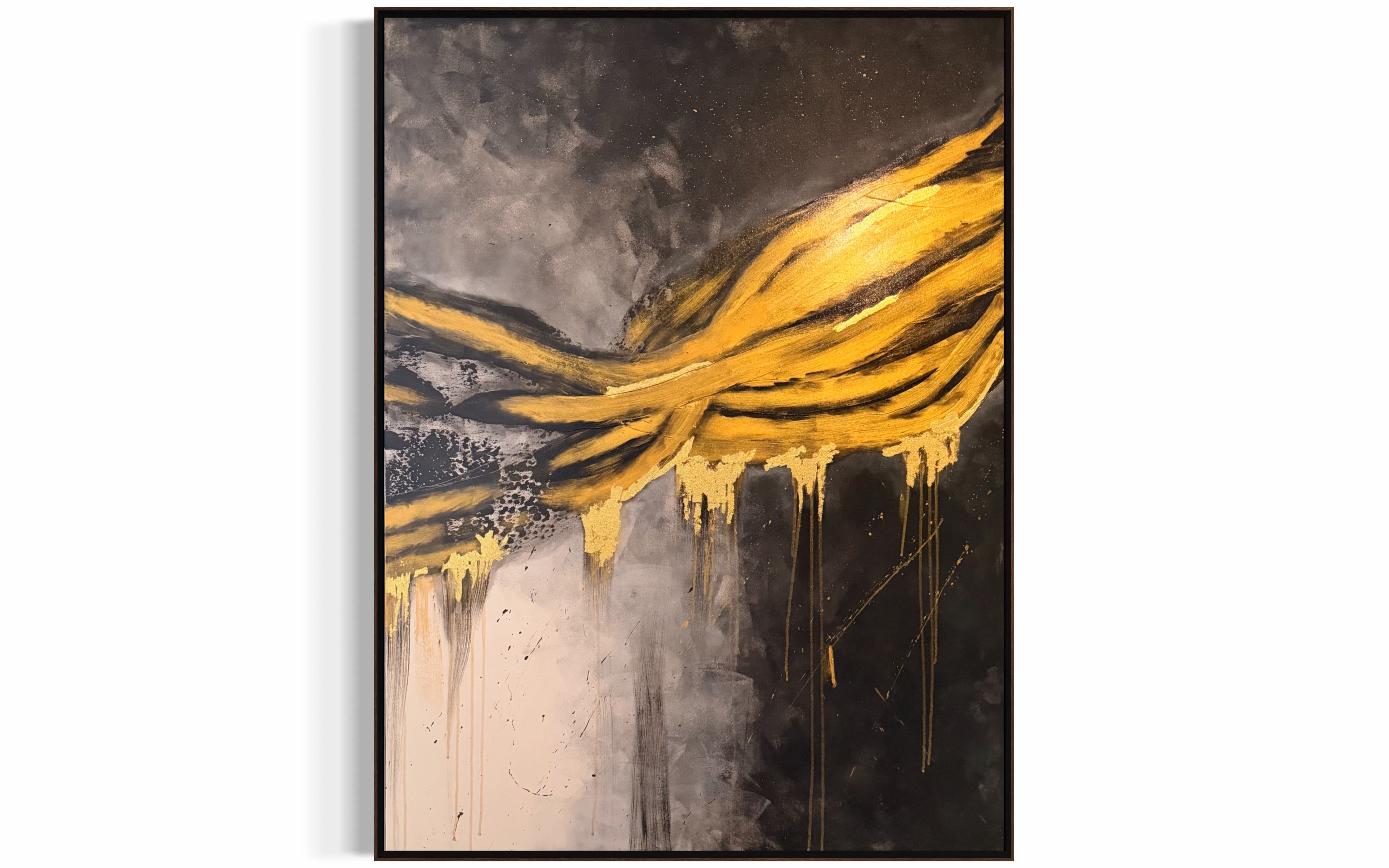 Rivers of Eternity by Cristina Gabriela, original 120 × 90 cm acrylic painting featuring flowing gold forms across a monochrome abstract composition.