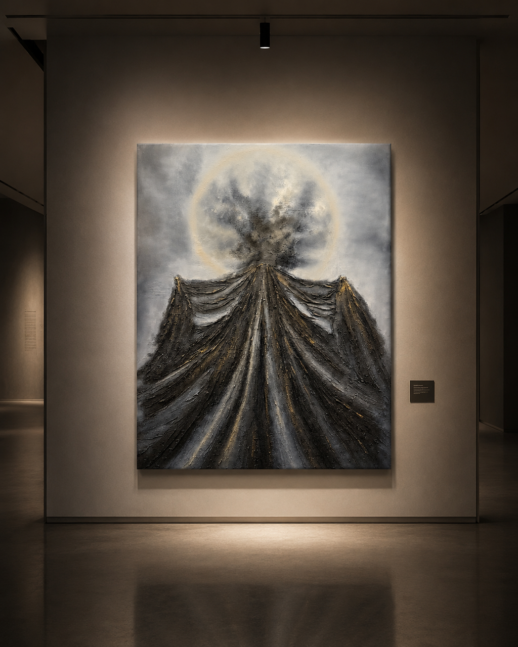 Dance of Time by Cristina Gabriela, an original 120 × 90 cm oil and mixed media painting featuring a monumental draped form inscribed with symbolic marks beneath a luminous veil dissolving into smoke, rendered in black, grey and gold textures.