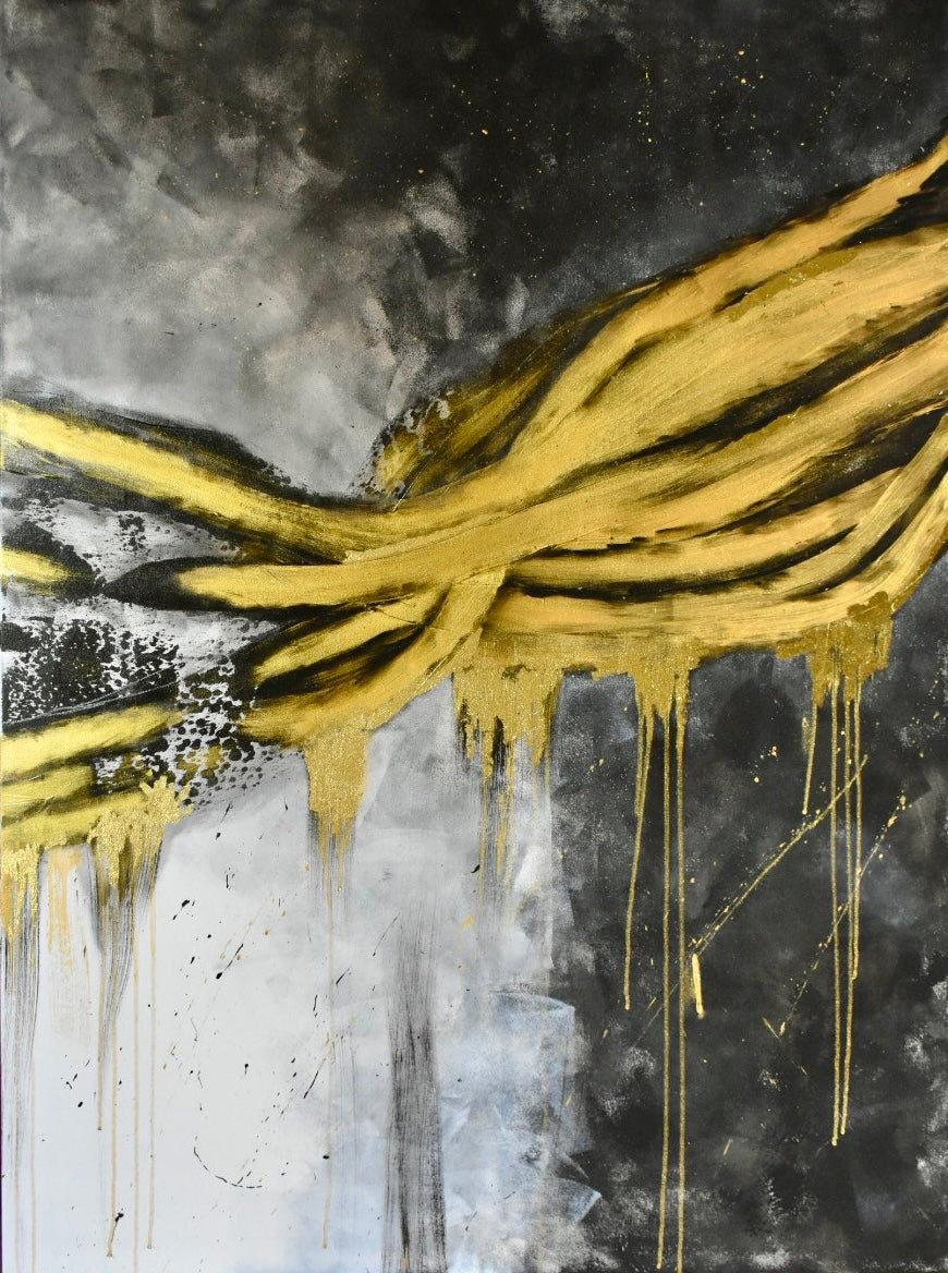 Abstract painting featuring bold, textured gold brushstrokes and drips over a dark gray, black, and white background.