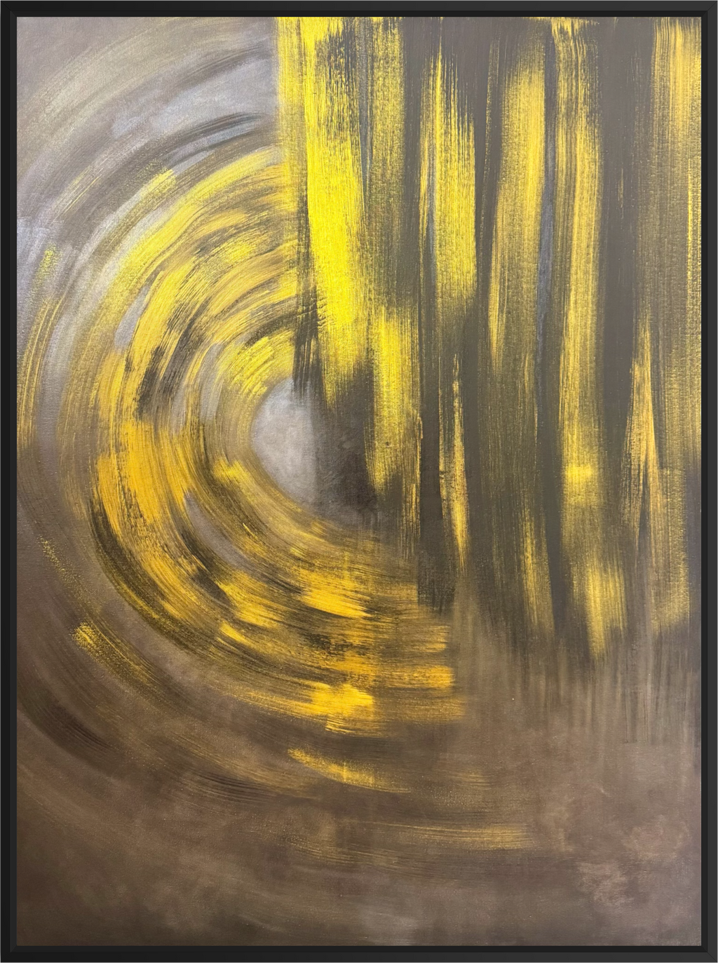 Abstract framed painting featuring bold vertical strokes of yellow paint over a textured gray and brown background, enclosed in a thin black frame.