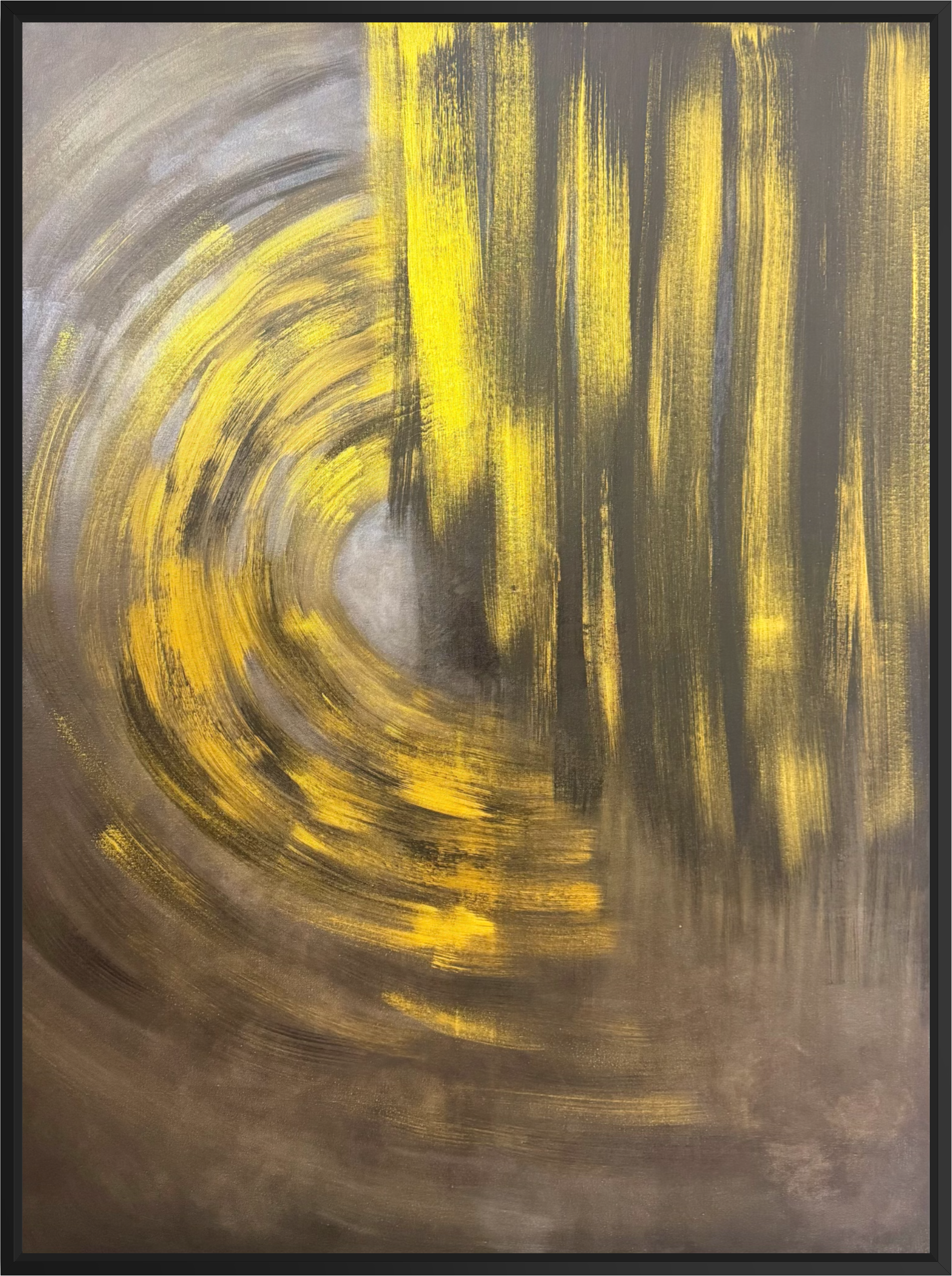 Abstract framed painting featuring bold vertical strokes of yellow paint over a textured gray and brown background, enclosed in a thin black frame.