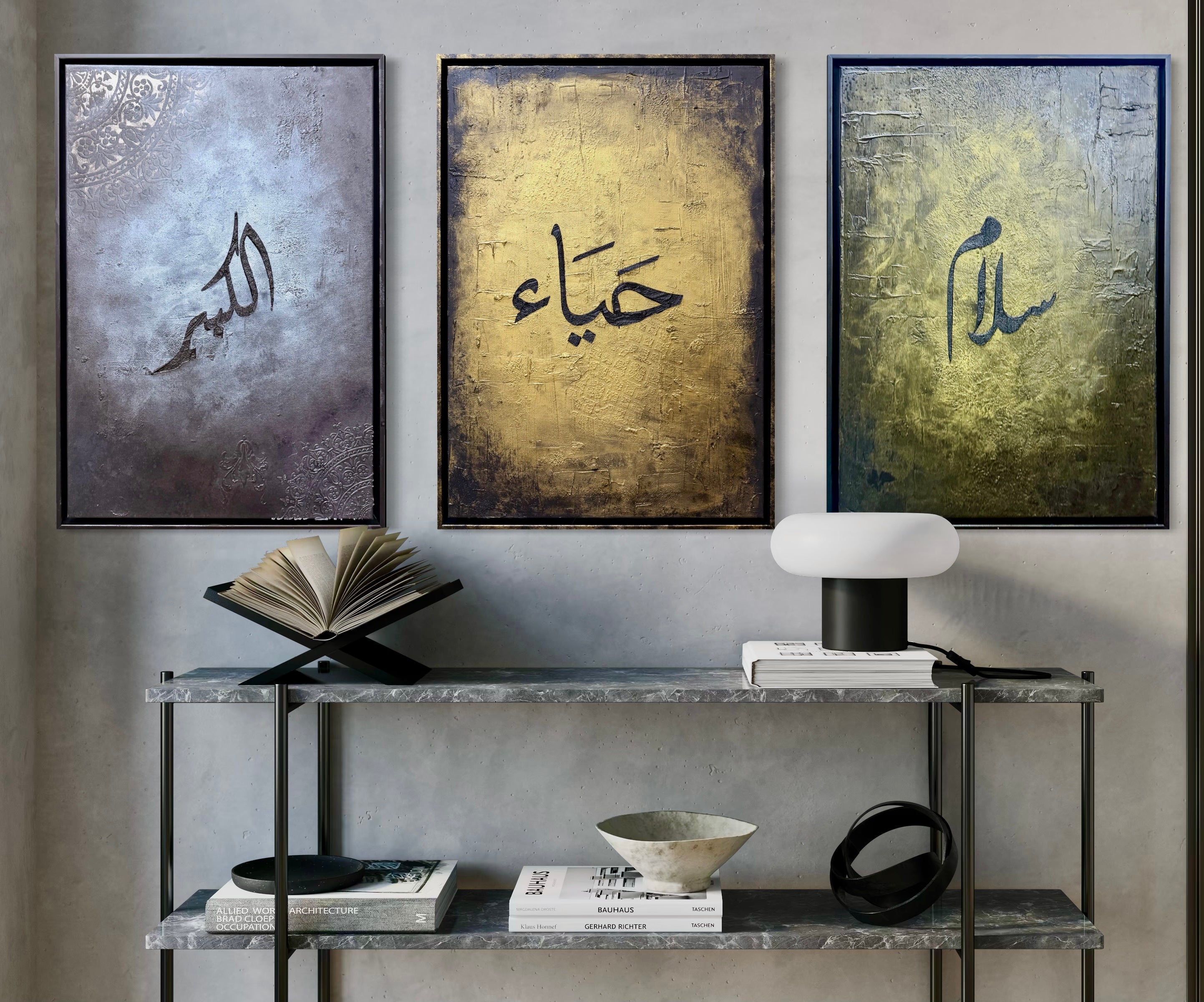 Three Names of Peace by Cristina Gabriela, an original acrylic and mixed media triptych composed of three 50 × 70 cm paintings featuring expressive Arabic calligraphy over textured metallic backgrounds in silver, gold and olive tones.