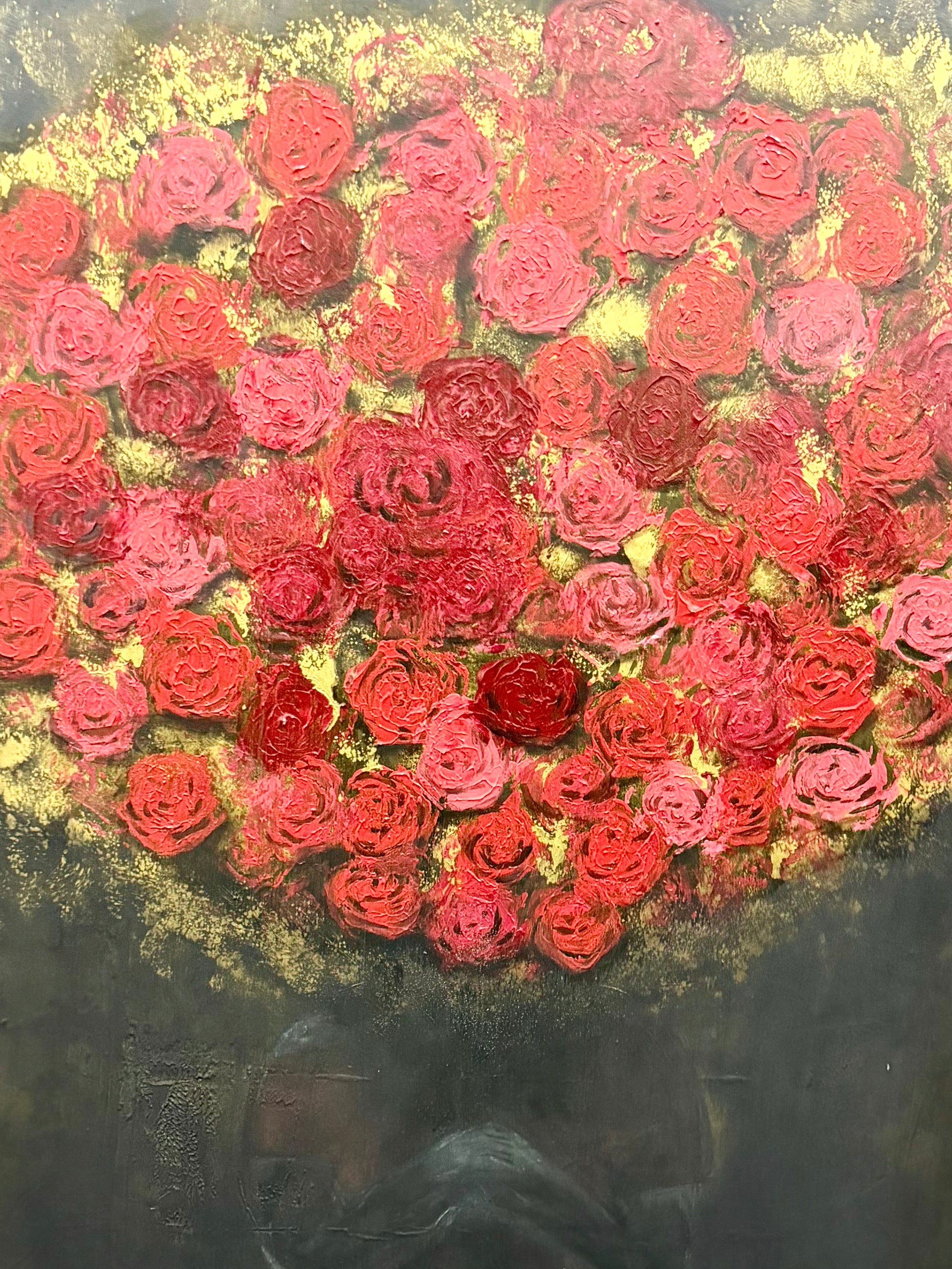 An impressionistic painting of a dense bouquet of red, pink, and rose-toned roses with textured gold highlights against a dark charcoal background.