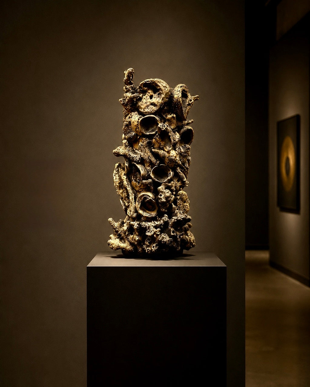 The Unknown by Cristina Gabriela, an original mixed media sculpture created from natural coral, shells, volcanic stone and mineral textures, exploring ambiguity, perception and the human condition through an organic sculptural form.