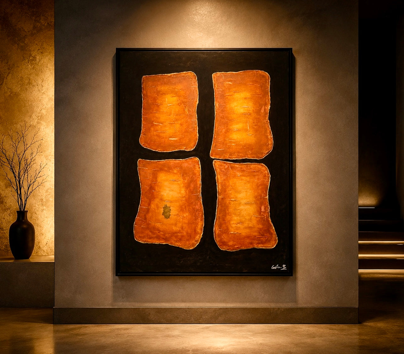 Portrait of Eternity by Cristina Gabriela, an original 120 × 90 cm acrylic and mixed media painting featuring four abstract human presences emerging from a deep black background in warm terracotta tones.