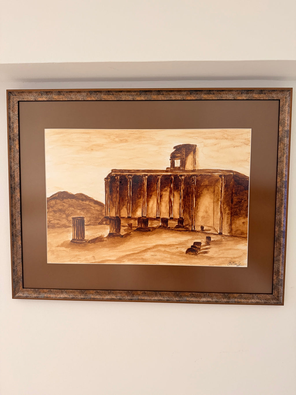 Coffee painting on paper by Cristina Gabriela Buzatu inspired by the ancient ruins of Pompeii, framed with matte anti-glare museum glass.