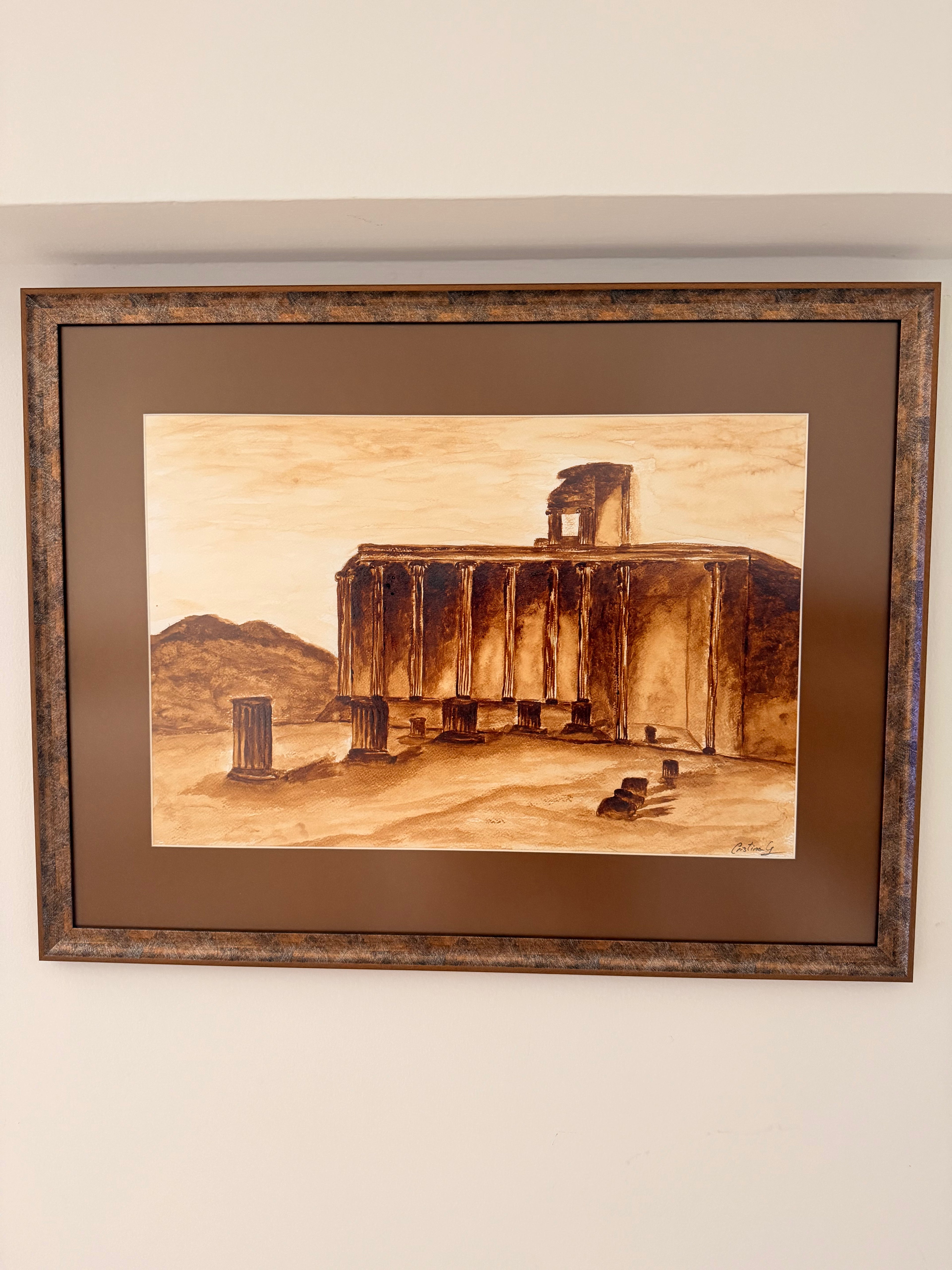 Coffee painting on paper by Cristina Gabriela Buzatu inspired by the ancient ruins of Pompeii, framed with matte anti-glare museum glass.