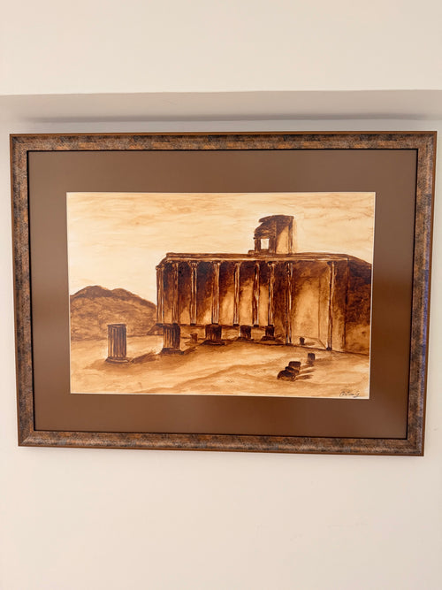 Coffee painting on paper by Cristina Gabriela Buzatu inspired by the ancient ruins of Pompeii, framed with matte anti-glare museum glass.