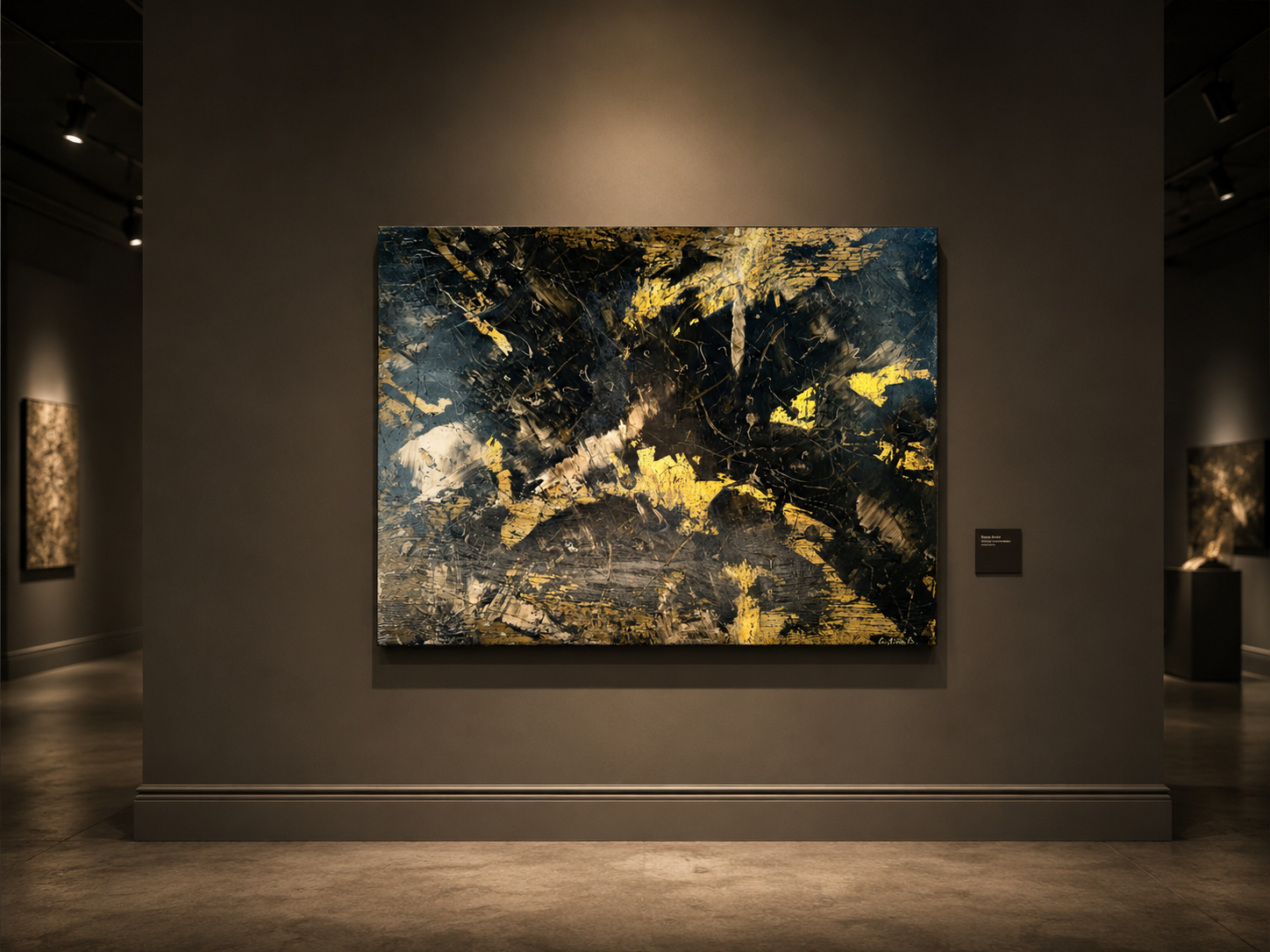 Fragments of Time by Cristina Gabriela, an original 120 × 90 cm abstract acrylic and mixed media painting featuring layered black, gold and textured gestures that explore memory, transformation and the passage of time.