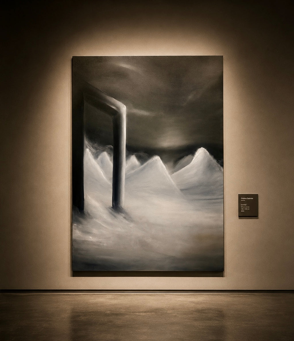 A Place Called Solitude by Cristina Gabriela, an original oil painting depicting a solitary dark doorway opening onto a luminous monochrome mountain landscape beneath a dramatic sky.