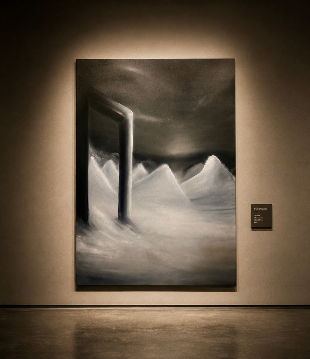 A Place Called Solitude by Cristina Gabriela, an original oil painting depicting a solitary dark doorway opening onto a luminous monochrome mountain landscape beneath a dramatic sky.
