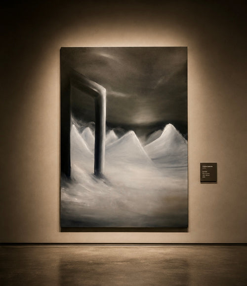 A Place Called Solitude by Cristina Gabriela, an original oil painting depicting a solitary dark doorway opening onto a luminous monochrome mountain landscape beneath a dramatic sky.