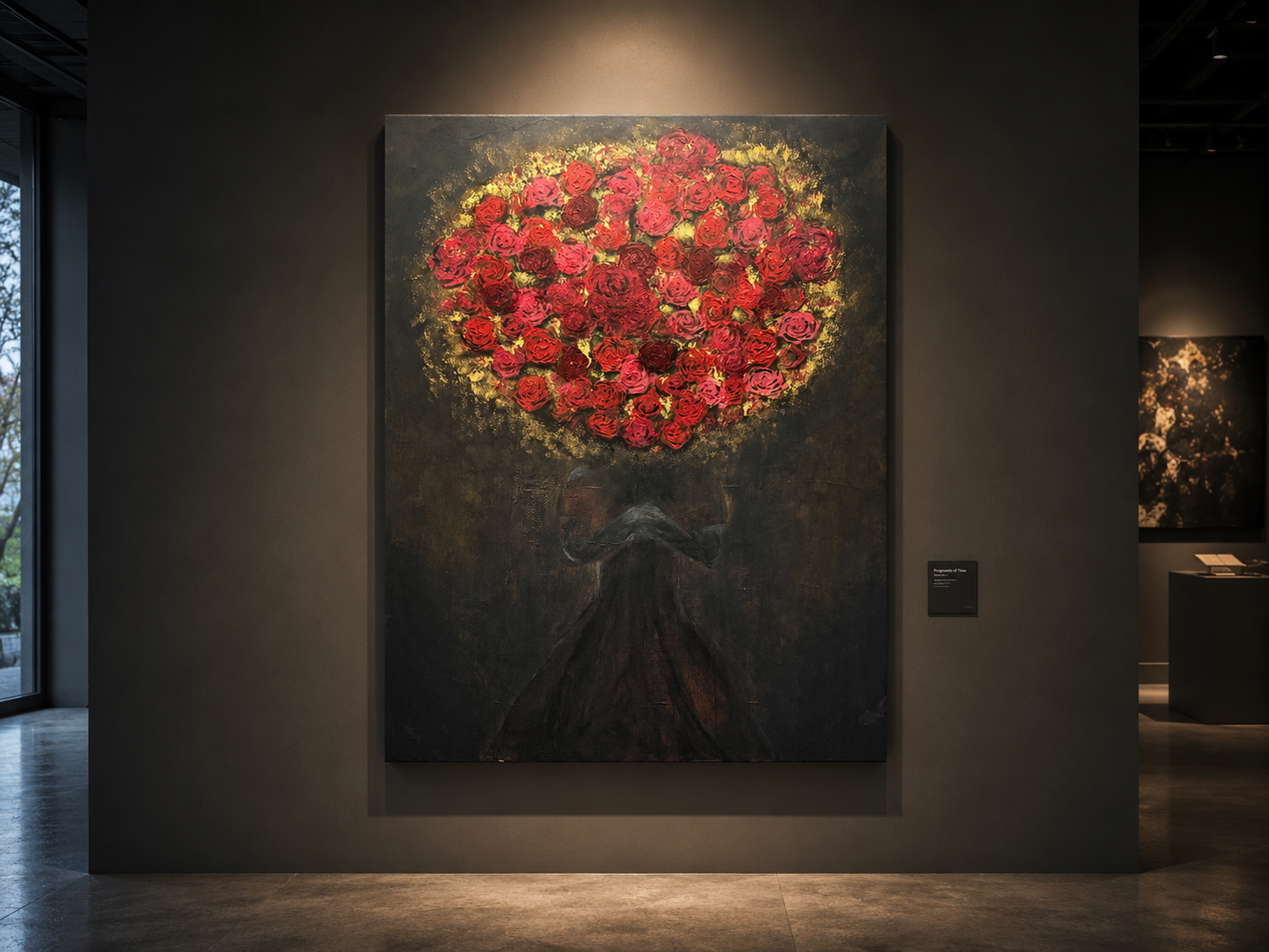Her Story by Cristina Gabriela, an original 120 × 90 cm acrylic painting depicting a solitary figure holding a heart-shaped bouquet of textured red and pink roses against a dark atmospheric background.