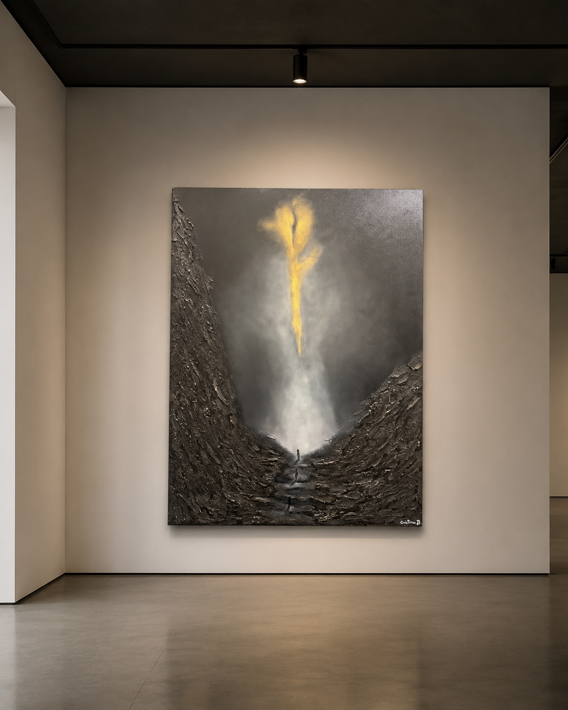 Original contemporary oil and textured painting by Cristina Gabriela depicting a solitary figure beneath a descending golden light surrounded by sculptural black textures, exploring light, silence, and transformation.