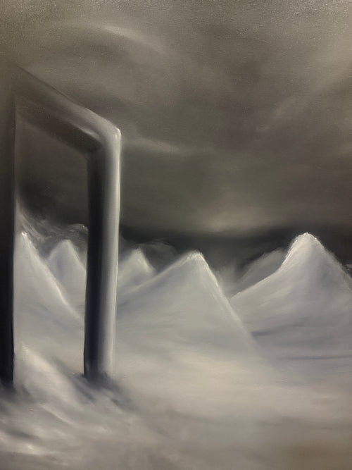A dark, moody painting of a snowy mountain landscape under a stormy gray sky, featuring a large dark frame or structure on the left side.