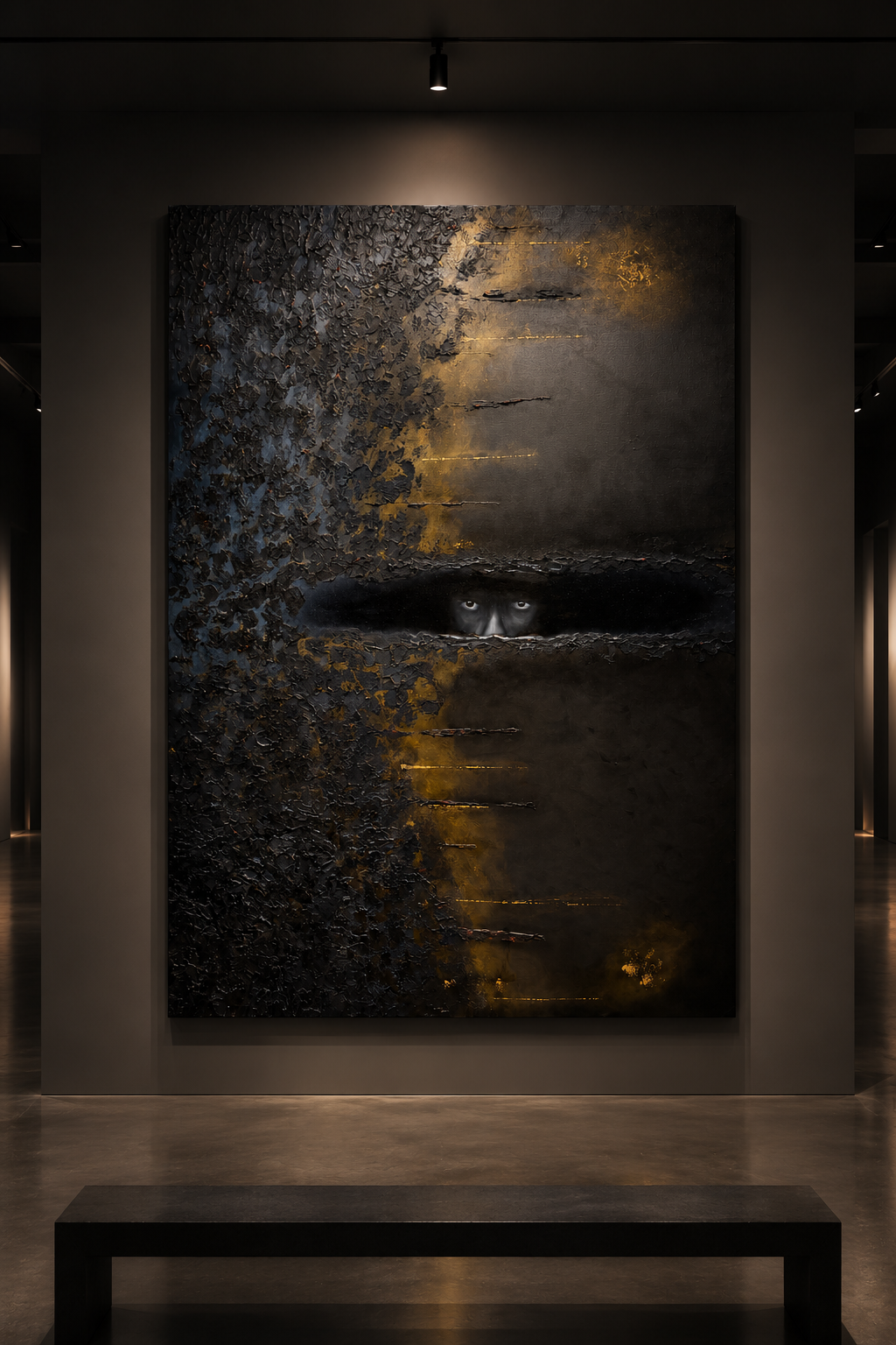 A large abstract wall art piece displayed in a gallery space, featuring a dark textured composition with a central horizontal void and vertical gold-toned streaks. A black bench is visible in the foreground.