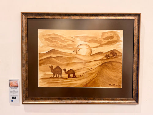 Original coffee painting of two camels walking through an Arabian desert at dusk, with a glowing sun, rolling dunes and birds in flight, by Cristina Gabriela Buzatu