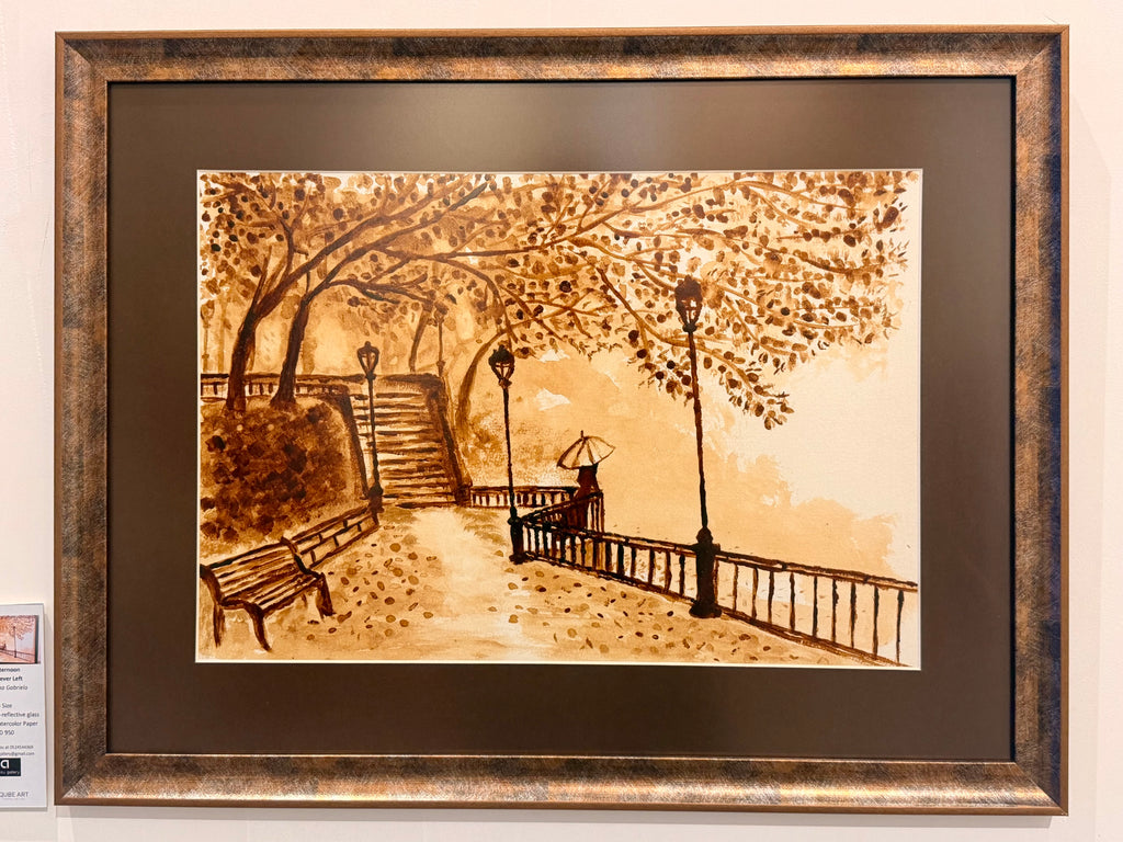 Original coffee painting of an autumn park promenade with lamp posts, a lone figure holding an umbrella, a bench and arching trees, by Cristina Gabriela Buzatu