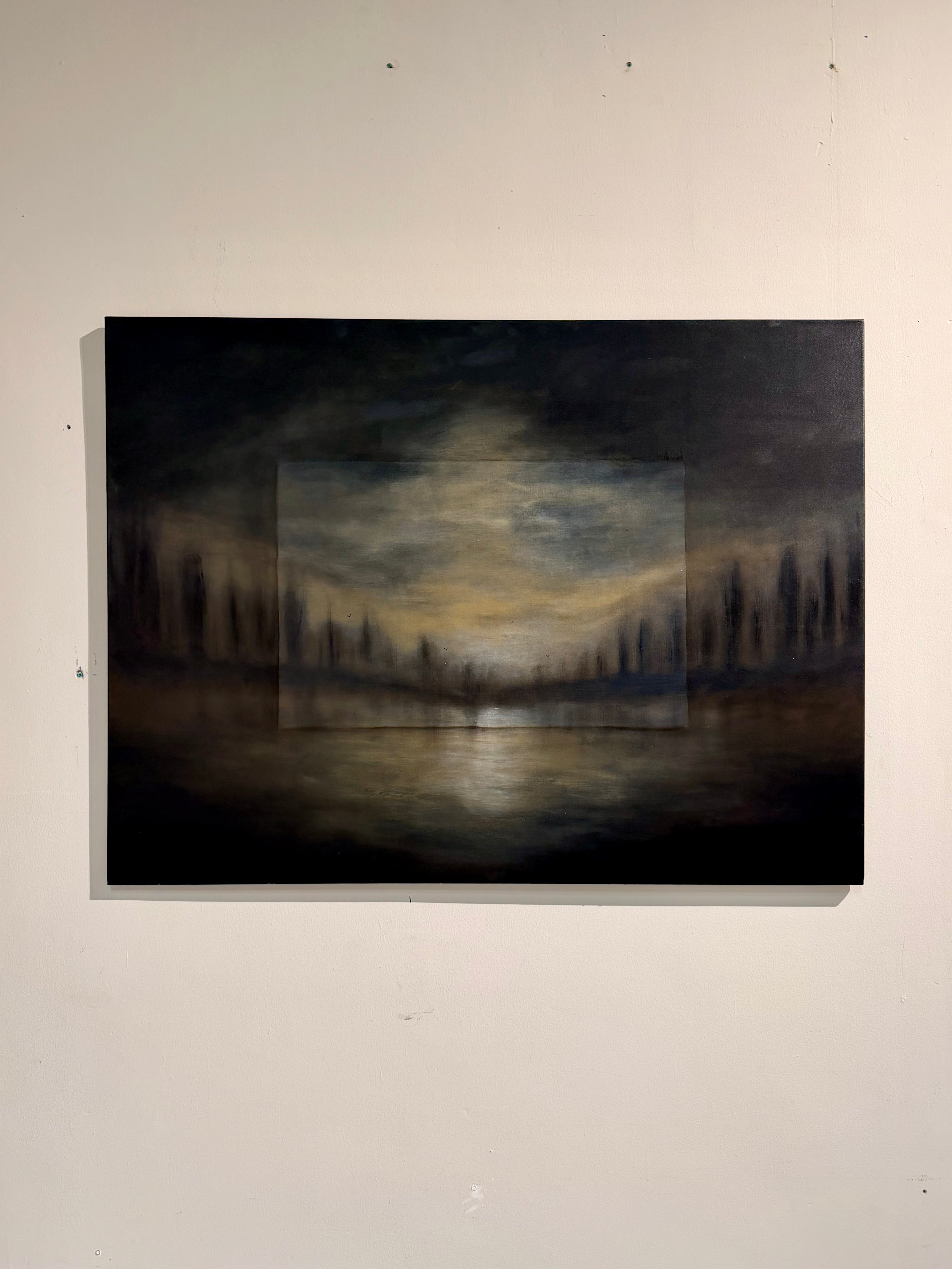 Parallel Universes, original 90 × 120 cm acrylic painting by Cristina Gabriela Buzatu depicting overlapping atmospheric landscapes and distant human silhouettes within two intersecting realities.