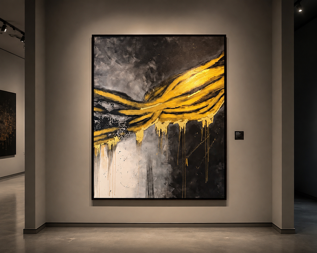 Rivers of Eternity by Cristina Gabriela, original 120 × 90 cm acrylic painting featuring flowing gold forms across a monochrome abstract composition.