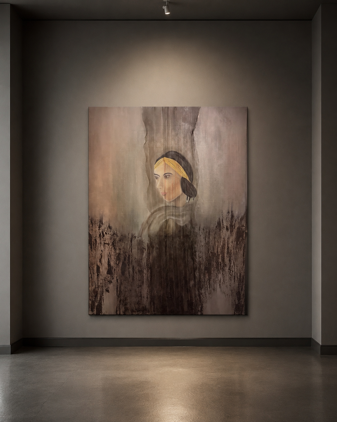 She Who Remains, original 120 × 90 cm oil, texture and mesh painting by Cristina Gabriela Buzatu depicting a woman partially veiled behind suspended mesh in a quiet atmospheric composition.