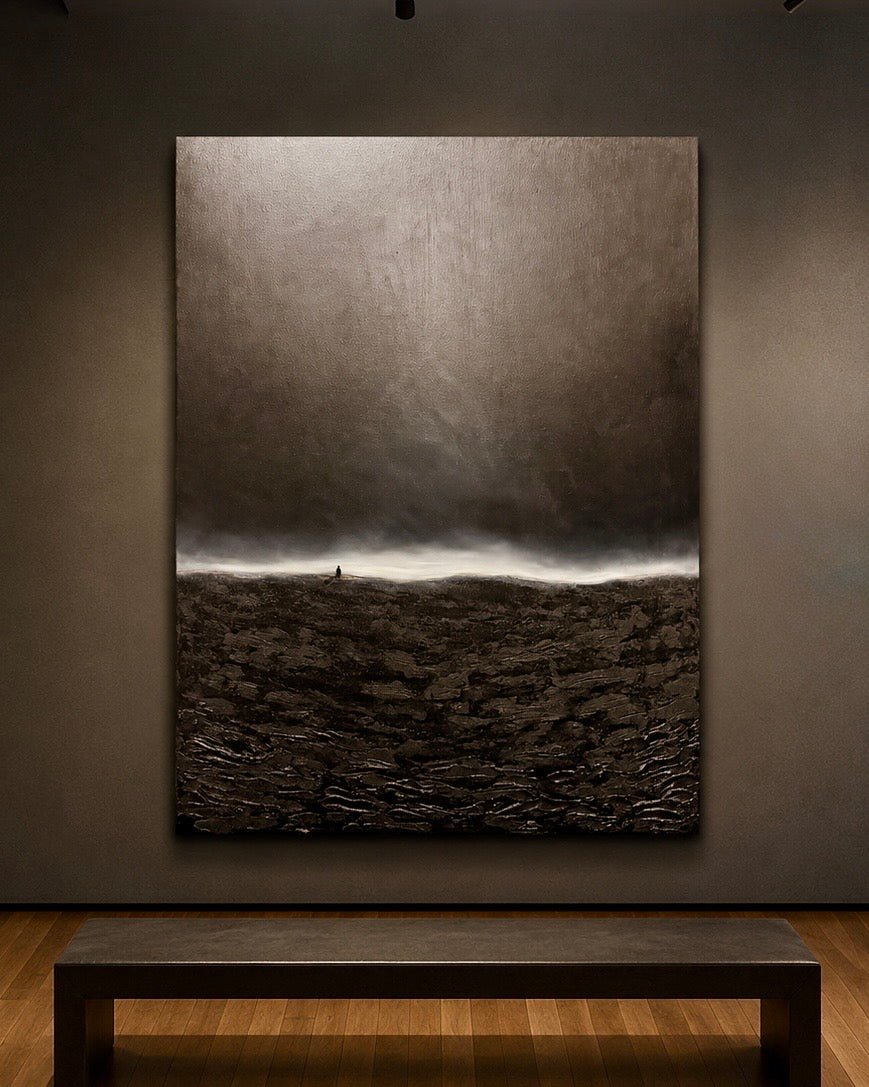 The Hidden Horizon – original oil and texture painting on canvas by Cristina Gabriela, showing a solitary figure before a vast dissolving landscape, 120x90cm, Dubai 2026