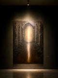 The Place of Arrival, original 120 × 90 cm oil and textured painting depicting monumental columns framing a luminous architectural threshold approached by small human figures.