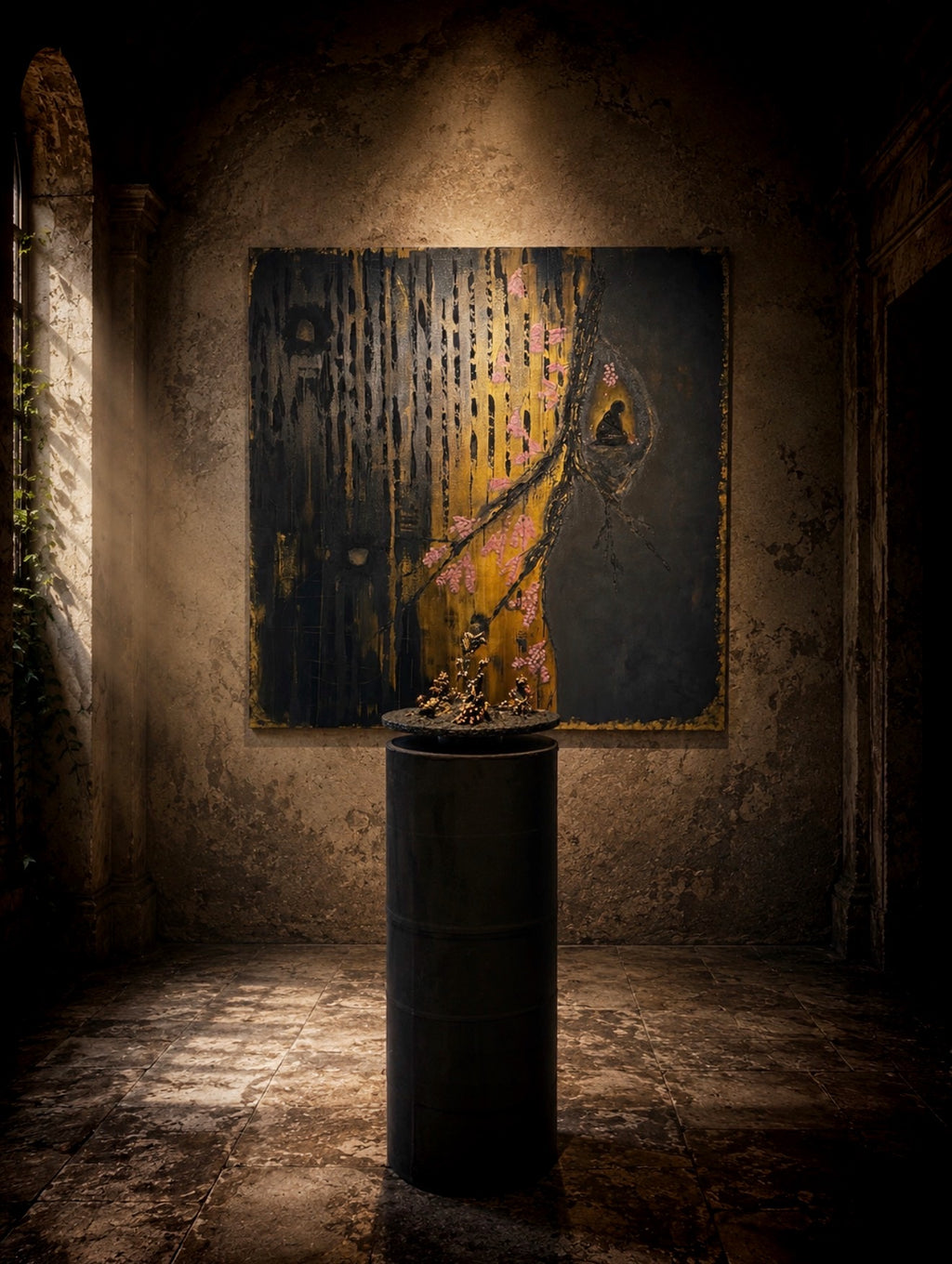 The Shape She Kept, a contemporary acrylic painting by Cristina Gabriela Buzatu featuring an organic shelter, a solitary human figure, architectural forms, pink blossom and textured gold surfaces.