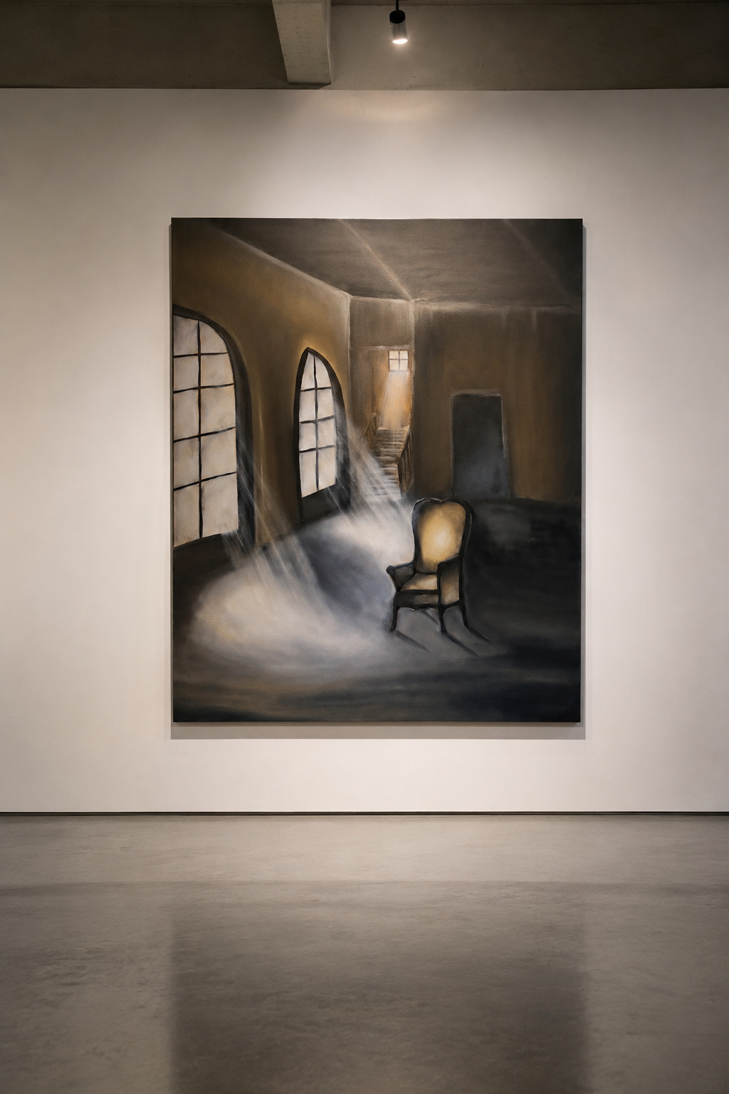 The Witness, contemporary oil painting by Cristina Gabriela Buzatu depicting an empty chair illuminated by soft light inside a quiet architectural interior with windows, doorway and staircase.