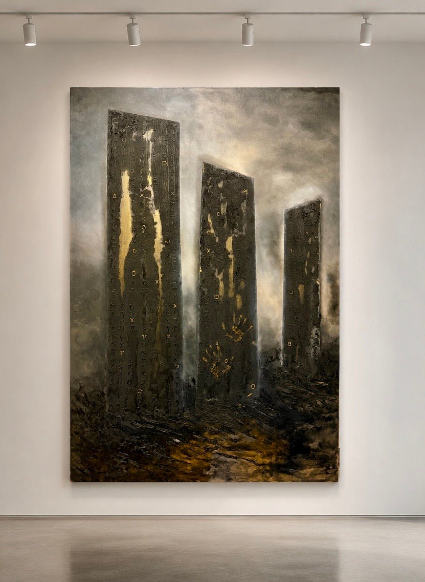 The Keepers — oil, texture and gold leaf on canvas, 120 × 180 cm, by Cristina Gabriela. Three monumental dark forms rise from an atmospheric landscape, their surfaces etched with symbols and fractured by vertical veins of gold leaf.