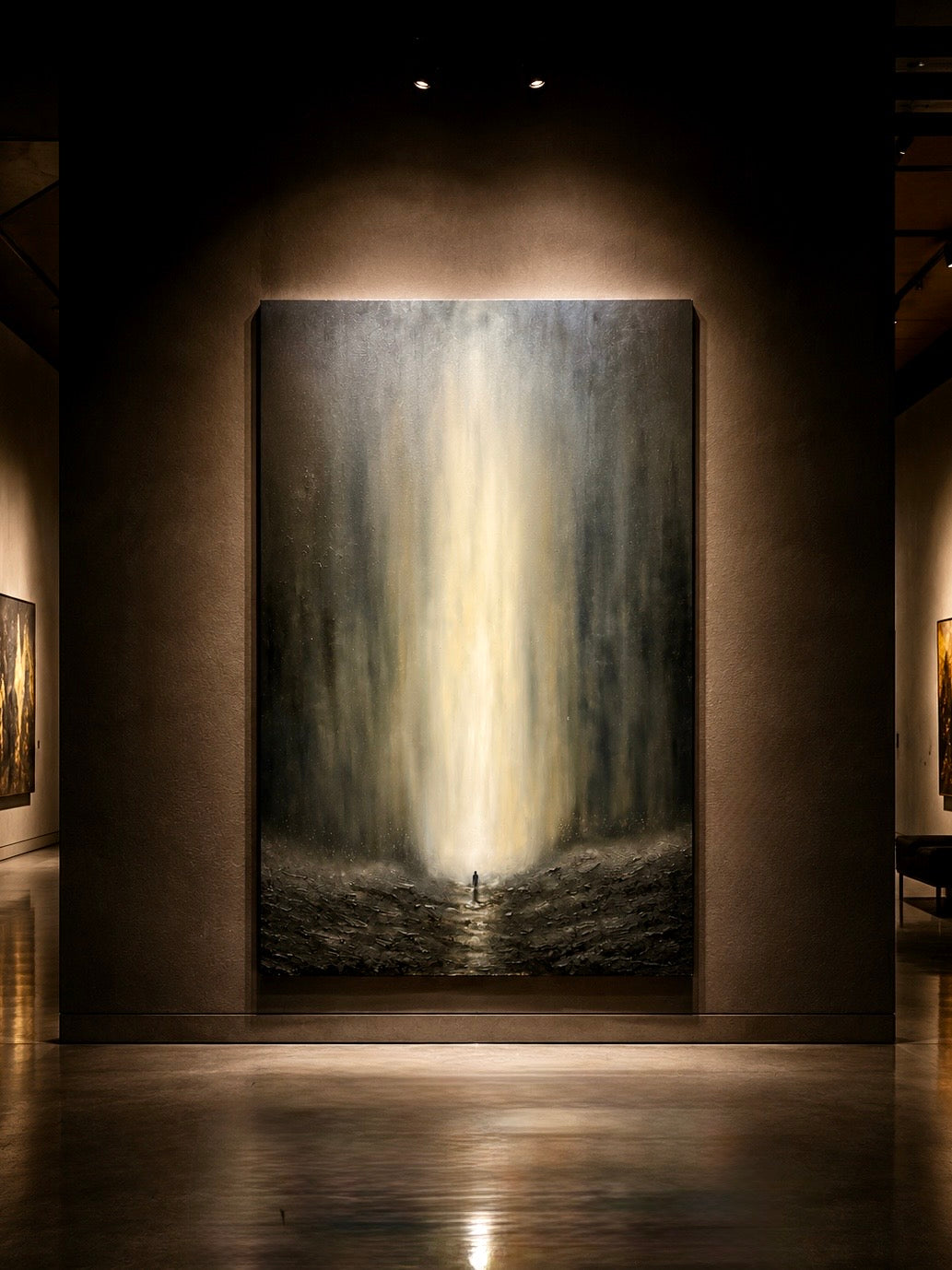 The Way to Be by Cristina Gabriela, original 120 × 160 cm oil and texture painting featuring a solitary figure before a luminous architectural passage.