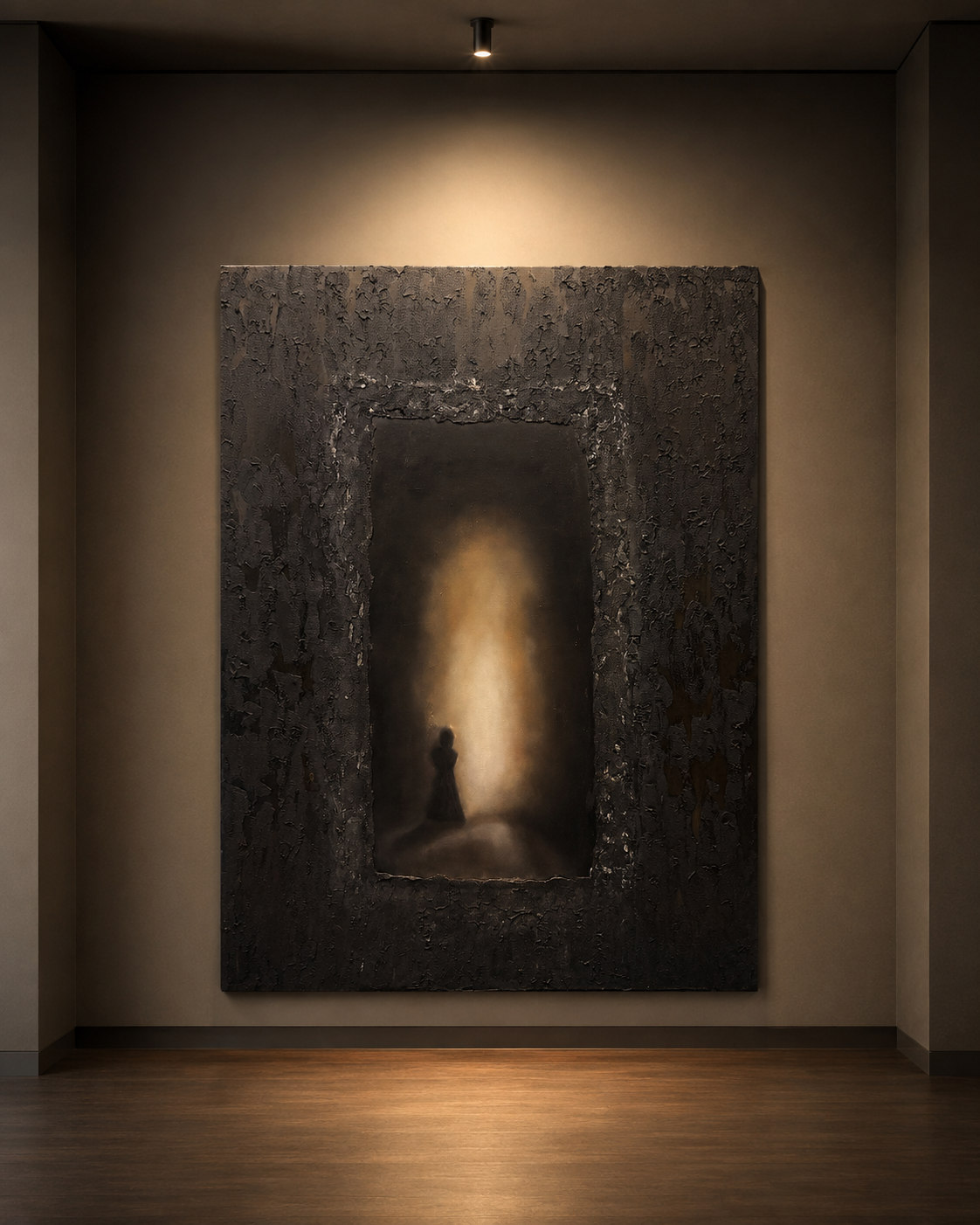 Threshold, original 120 × 90 cm oil and textured painting by Cristina Gabriela Buzatu featuring a solitary figure before a luminous doorway within a heavily textured dark surface.