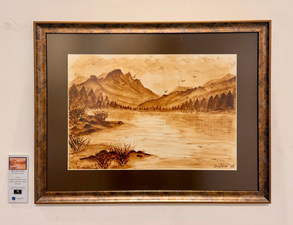 Where Silence Settles – original coffee painting on watercolour paper by Cristina Gabriela, A3, mountain lake landscape with birds and pine trees, framed, Dubai 2026