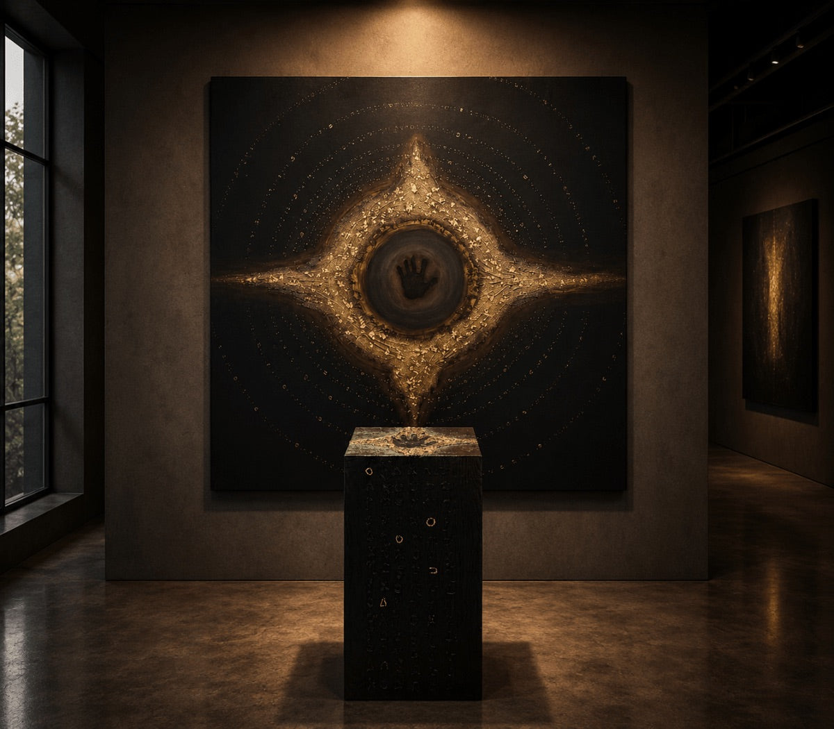 A large dark abstract wall artwork with a glowing gold star-like burst and circular central motif, displayed in a gallery above a dark pedestal. A real interior gallery environment is visible, including walls, floor, windows, and another artwork in the background.